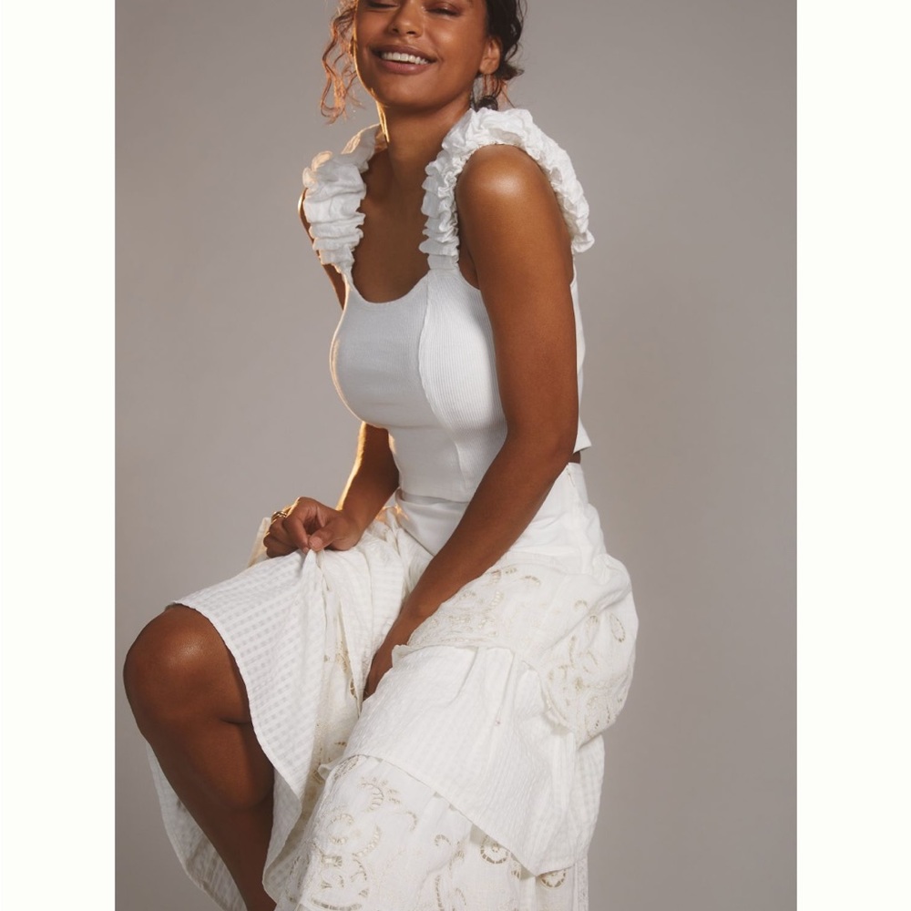 Anthropologie White Ruffle Strap Tank Top